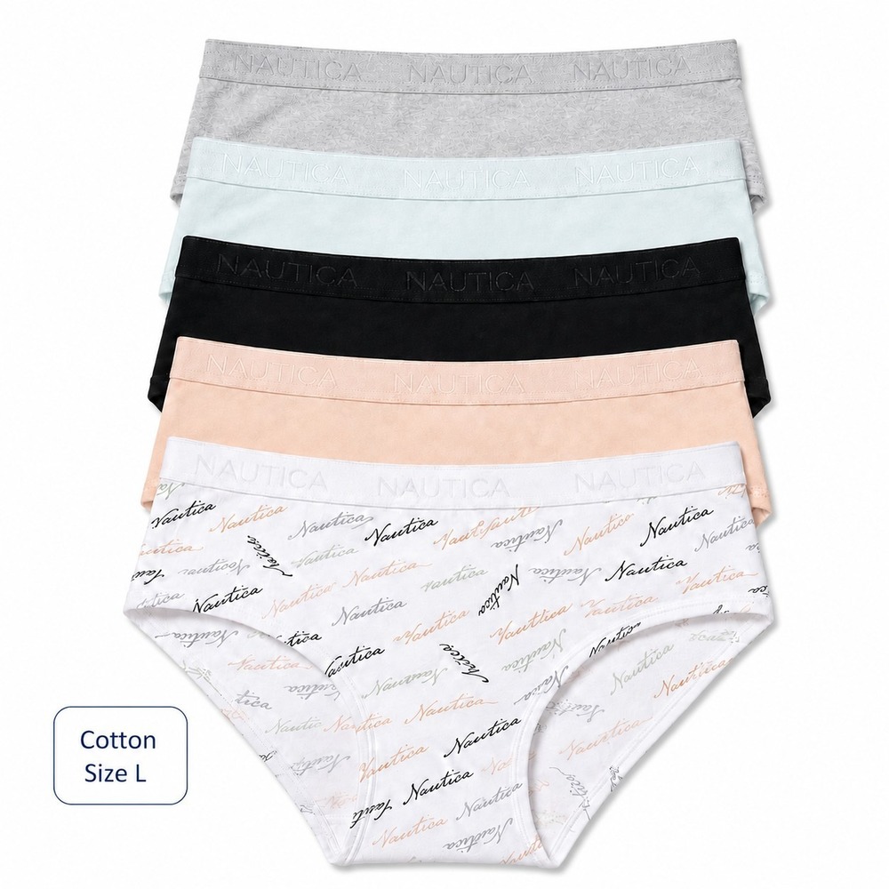 Nautica Women's 5pk Cotton Hipster Panties Size L Logo Waistband Multicolor
